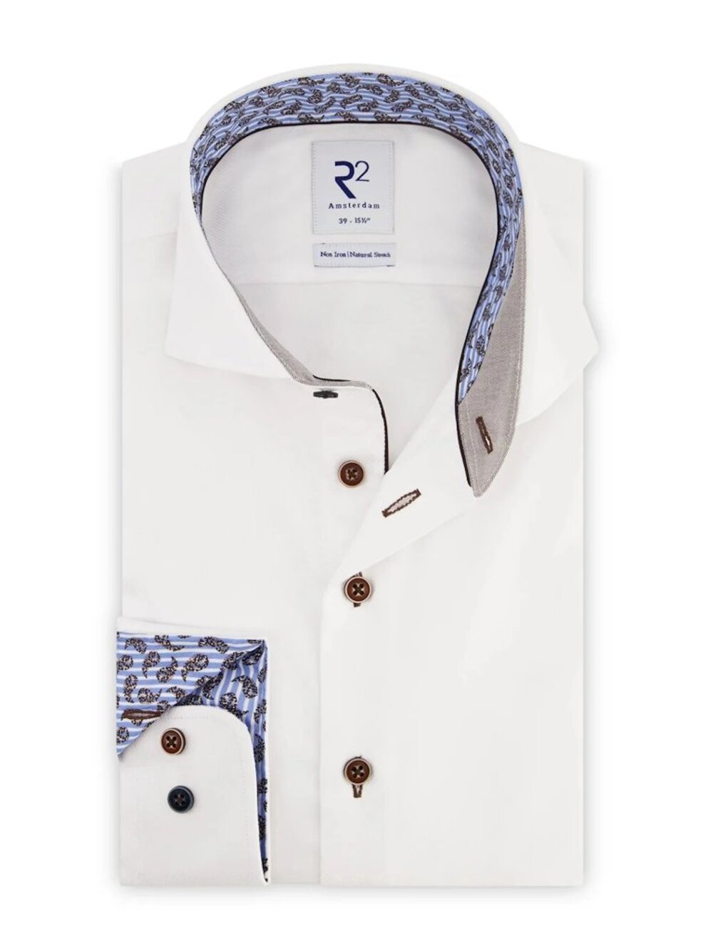 R2 Amsterdam White Long Sleeve Button Up Shirt with Paisley Collar Contrast